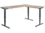 Winkelschreibtisch AERO FLEX, elektrisch höhenverstellbar, 90° Winkel, T-Fuß, B 2000 x T 2400 mm, Eiche/anthrazit + Memorypanel