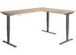 Winkelschreibtisch AERO FLEX, elektrisch höhenverstellbar, 90° Winkel, T-Fuß, B 2000 x T 2000 mm, Eiche/anthrazit + Memorypanel