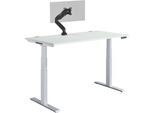 Schäfer Shop Genius Schreibtisch Modena Flex, elektrisch höhenverstellbar, T-Fuß, B 1600 x T 800 x H 645-1290 mm, lichtgrau/weißaluminium + Memory-Bedienpanel, Monitorarm MX8-112