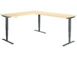 Winkelschreibtisch AERO FLEX, elektrisch höhenverstellbar, 90° Winkel, T-Fuß, B 2000 x T 2400 mm, Ahorn/anthrazit + Memorypanel