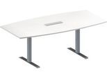 Schäfer Shop Genius Konferenztisch MODENA FLEX, 6-fach Anschluss, Boot, T-Fuß Rechteckrohr, B 2000 x H 650-850 mm, weiß/weißalu