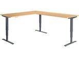 Winkelschreibtisch AERO FLEX, elektrisch höhenverstellbar, 90° Winkel, T-Fuß, B 2000 x T 2400 mm, Buche/anthrazit + Memorypanel