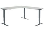 Winkelschreibtisch AERO FLEX, elektrisch höhenverstellbar, 90° Winkel, T-Fuß, B 2000 x T 2000 mm, lichtgrau/anthrazit + Memorypanel