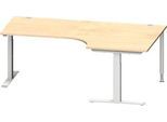 Schäfer Shop Genius Winkelschreibtisch MODENA FLEX, 90° Winkel rechts, T-Fuß Rechteckrohr, B 2000 x T 1200/800 x H 650-850 mm, Ahorn/weißalu