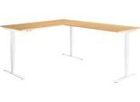 Winkelschreibtisch AERO FLEX, elektrisch höhenverstellbar, 90° Winkel, T-Fuß, B 2000 x T 2400 mm, Buche/weiß + Memorypanel