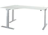 Schäfer Shop Select Winkelschreibtisch ERGO-T 2.0, elektrisch höhenverstellbar, 90° Winkel links, T-Fuß, B 2000 mm, lichtgrau/weißalu