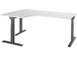 Schäfer Shop Select Winkelschreibtisch ERGO-T 2.0, 90° Winkel, Ansatz links, T-Fuß, B 2000 x T 1200/800 x H 675-895 mm, lichtgrau/anthrazit