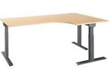 Schäfer Shop Select Winkelschreibtisch ERGO-T 2.0, 90° Winkel, Ansatz rechts, T-Fuß, B 2000 x T 1200/800 x H 675-895 mm, Ahorn/anthrazit