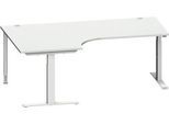 Schäfer Shop Genius Winkelschreibtisch MODENA FLEX, 90° Winkel links, T-Fuß Rechteckrohr, B 2000 x T 1200/800 x H 650-850 mm, lichtgrau/weißalu
