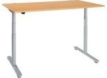 Schreibtisch, zweistufig elektrisch höhenverstellbar, T-Fuß Rundrohr, B 1600 x T 800 x H 634-1294 mm, Buche/weißaluminium