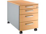 Schäfer Shop Pure Rollcontainer 1233, 3 Schübe & 1 Utensilienauszug, abschließbar, Rundgriffe, B 435 x T 765 x H 577 mm, weißalu/Buche