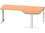 Schäfer Shop Genius Winkelschreibtisch MODENA FLEX, 90° Winkel rechts, T-Fuß Rechteckrohr, B 2000 x T 1200/800 x H 650-850 mm, Buche/weißalu