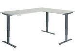 Winkelschreibtisch AERO FLEX, elektrisch höhenverstellbar, 90° Winkel, T-Fuß, B 2000 x T 1600 mm, lichtgrau/anthrazit + Memorypanel
