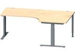 Schäfer Shop Genius Winkelschreibtisch MODENA FLEX, 90° Winkel rechts, T-Fuß Rechteckrohr, B 2000 x T 1200/800 x H 650-850 mm, Ahorn/anthrazit