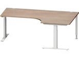 Schäfer Shop Genius Winkelschreibtisch MODENA FLEX, 90° Winkel rechts, T-Fuß Rechteckrohr, B 2000 x T 1200/800 x H 650-850 mm, Eiche/weißalu