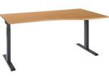 Schreibtisch ERGO-T 2.0, Freiform, Ansatz rechts, T-Fuß, B 1800 x T 1000/800 x H 675-895 mm, Buche/anthrazit