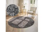 Teppich ELLE DECORATION "Prisma", grau (silber grau), H:5mm Ø:200cm, Baumwolle, Polyester, Teppiche, Teppich, Glanz-Effekt, Karo Design, Kachel-Optik, Wohnzimmer, Schlafzimmer,Flur