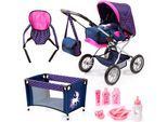 Kombi-Puppenwagen BAYER "Grande", bunt (einhorn blau, pink), Puppenwagen, KinderB:43cm H:75cm T:77cm, Kunststoff, Metall, Stoff, mit Reisebett, Schnuller, Geschirr und Pflegeprodukten, B:43cm H:75cm T:77cm