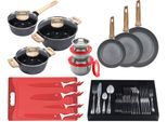 Topf-Set KING "»ESSENTIAL« Aluminium, Induktion, Antihaftbeschichtung", rot, 7,5 l, Töpfe, 3 Pfannen, 4 Küchenmesser, 1 Schneidebrett, 3 Vorratsdosen mit Deckel
