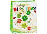 Geschenktüte TSI Happy Birthday Ballons, Format A5, mit Tragekordel und Beschriftungskärtchen, B 180 x T 100 x H 230 mm, PP-Folie, bunt-weiss, 3 Stück