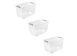 Aufbewahrungsbox KEEEPER "Clipbox Leo (Set 3 St.) 56 L, 59 x 38 x 35,5 cm", transparent, B:59cm H:35,5cm T:38cm, Kunststoff, Aufbewahrungsboxen, Aufbewahrungsbox, Schanierclips, Doppelöffnung, 90 drehbare Räder, fixierbarer Deckel