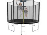 KINETIC SPORTS Trampolin Outdoor SALTO Ø 183/244/305/366/400/430/490 cm - Kindertrampolin Set mit Leiter, Netz, Randpolster, USA Sprungtuch - Gartentrampolin, bis zu 160kg Schwarz Ø 250 cm Ø 250 cm, Schwarz