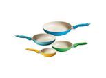 Riess Pfannenset , Hellgrün, Hellblau, Türkis, Gelb , Metall, Kunststoff , 4-teilig , rund , 38x30.5x58 cm , backofengeeignet, antihaftbeschichtet , Kochgeschirr, Pfannen, Pfannensets