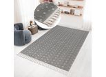 Teppich BRUNO BANANI "Dotty, In- und Outdoor geeignet" Gr. 4, beige (creme, grau), B:160cm H:6mm L:230cm, Kunstfaser, Teppiche, Teppich, Woll-Optik, Hoch-Tief Struktur, mit Fransen, Balkon, Terrasse