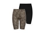 Radlerhose ONLY "ONLLIVE – Bikershorts im Doppelpack mit elastischem Bund", Damen, Gr. XS (34), N-Gr, schwarz (schwarz pack:gingerroot tikkie leo), Jersey, Obermaterial: 95% Baumwolle, 5% Elasthan, bedruckt, unifarben, slim fit, Hosen Radlerhose, modisch, Jersey, slim fit, Baumwollmischung
