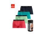 Boxer BRUNO BANANI "Boxershorts für Herren", Herren, Gr. XL (7), 4 Stk., bunt (rot, grün, türkis, schwarz), Jersey, Obermaterial: 95% Baumwolle, 5% Elasthan, unifarben, körpernah, Unterhosen, in der Dose verpackt