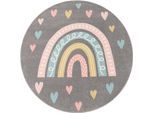 Kinderteppich PACO HOME "Nino 887", grau, H:13mm Ø:160cm, Polypropylen, Teppiche, Kinderteppich, Kurzflor, Spielteppich, Motiv Regenbogen & Herzen, Kinderzimmer