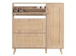 Rattan-Schuhkipper MCW-M37, Schuhregal Schuhschrank, 3 Kippfächer 2 Regalböden 127x120x24cm Holz Melamin ~ Eiche-Optik