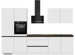 Küche IMPULS KÜCHEN "Dublin", Anti Fingerprint Oberfläche, Schubkästen mit Soft-Close", weiß (küche: weiß, korpus: weiß, arbeitsplatte: oregon eiche, nachbildung), B:340cm H:222cm T:60cm, Komplettküchen-Sets, Küchenzeile, vormontiert, wahlweise mit E-Geräten, mit Vollauszug, Breite 340 cm