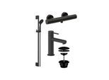 Herzbach Deep Black Duscharmaturen Set Brausearmatur, Wandstangenset, WT-Armatur, Ablaufventil