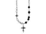 Kette mit Anhänger BRUNO BANANI "Schmuck Geschenk Edelstahlkette mit Kreuz schwarz emalliert", schwarz (edelstahlfarben, schwarz, weiß), Halsketten, Damen, Edelstahl Lava Perlen, L: 53 B: 7mm, Edelstahl, Lava, Perlen, mit Lavastein - mit Perle (imitiert), B:7mm