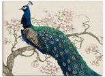 Wandbild ARTLAND "Pfau & Blüten II", beige (farbe bild(er): naturfarben), B:120cm H:90cm, Bilder, Wandbild, als Leinwandbild, Poster in verschied. Grössen