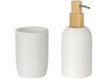 Seifenspender WENKO "Altavalle", weiß, Bambus, Polyresin (Kunststein), Dosierspender, Seifenspender, Bad-Accessoire Set aus Polyresin und Bambus, moderne Optik, 250 ml