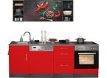 Küchenzeile KOCHSTATION "KS-Paris – Küchen mit einzigartigen Fotomotiven auf den Fronten", rot (küche: rot, front: rot, korpus: grafit, arbeitsplatte: anthrazit), B:220cm T:60cm, Komplettküchen-Sets, Küchenzeile, Breite 220 cm, wahlweise mit E-Geräten, mit Motivdruck
