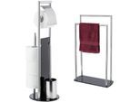 WC-Garnitur WENKO "Ravina", silberfarben, glänzend, H:70cm L:20cm, Edelstahl, Kunststoff, Sicherheitsglas, Reinigungsbürsten, Stand WC Garnitur und Handtuchhalter