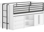Stauraumbett VIPACK "Sam, schlafen und arbeiten in einem, wahlweise Eiche- oder Weiß-Dekor", weiß (weiß dekor, weiß dekor, weiß dekor), B:98cm H:116,6cm L:219cm, Betten, Stauraumbett, mit Absturzschutz, Leiter u. Stauraum, pflegeleichte Dekor Oberfläche
