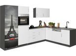 Küchenzeile KOCHSTATION "KS-Paris – Küchen mit einzigartigen Fotomotiven auf den Fronten", weiß (küche: weiß, front: weiß, korpus: grafit, arbeitsplatte: anthrazit), B:290cm H:200cm T:60cm, Komplettküchen-Sets, Küchenzeile, Stellbreite 290/220 cm, wahlweise mit E-Geräten und Induktion