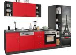 Küchenzeile KOCHSTATION "KS-Paris – Küchen mit einzigartigen Fotomotiven auf den Fronten", rot (küche: rot, front: rot, korpus: grafit, arbeitsplatte: anthrazit), B:310cm H:200cm T:60cm, Komplettküchen-Sets, Küchenzeile, Breite 310 cm, wahlweise mit E-Geräten, mit Motivdruck