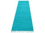 Teppich OTTO HOME "Paul" Gr. 12, blau (türkis), B:70cm H:5mm L:250cm, Baumwolle, Teppiche, Teppich, Wendeteppich, Uni, handgewebt, mit Fransen, reine Baumwolle, Läufer