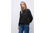 Langarmbluse STREET ONE, Damen, Gr. 46, schwarz, Stoff, 100% Viskose, unifarben mit Farbeinsatz, normal normal, V-Ausschnitt, Bündchen, Blusen, mit Leo-Streifen