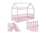 Juskys Kinderbett Marli 80 x 160 cm Rausfallschutz, Lattenrost & Dach Rosa Hausbett Holz