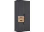 Drehtürenschrank RAUCH "Kleiderschrank Schrank Garderobe MAIKA mit Dekor-Front", grau (graumetallic, eiche artisan), B:91cm H:210cm T:54cm, Holzwerkstoff, Schränke, Drehtürenschrank, 2 Schubladen, in verschiedenen Breiten, Höhen, Farben, MADE IN GERMANY