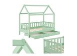 Juskys Kinderbett Marli 80 x 160 cm mit Bettkasten, Gitter, Lattenrost & Dach - Holz Hausbett Mint