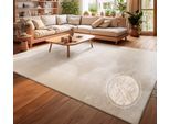 Teppich MY HOME "Andeer" Gr. 6, beige (creme), B:240cm H:14mm L:340cm, Polyester, Teppiche, Teppich, Kurzflor, Uni Farben, weich & kuschelig, waschbar, Wohnzimmer