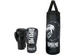 Boxsack SUPER PRO "Boxing Set Punch", schwarz (schwarz, weiß), Boxsäcke, B/H/L: 30cm x 90cm, Boxsack, B:30cm H:90cm Ø:30cm