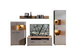 Linie Design Wohnwand, Grau, Eiche, Holzwerkstoff, 4-teilig, 14 Fächer, 2 Schublade(n) Schubladen, 325x205x47 cm, Made in EU, Beimöbel erhältlich, Wohnzimmer, Wohnwände, Wohnwand-Sets
